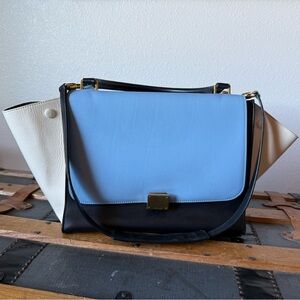 Celine blue, creamy white, black trapeze bag